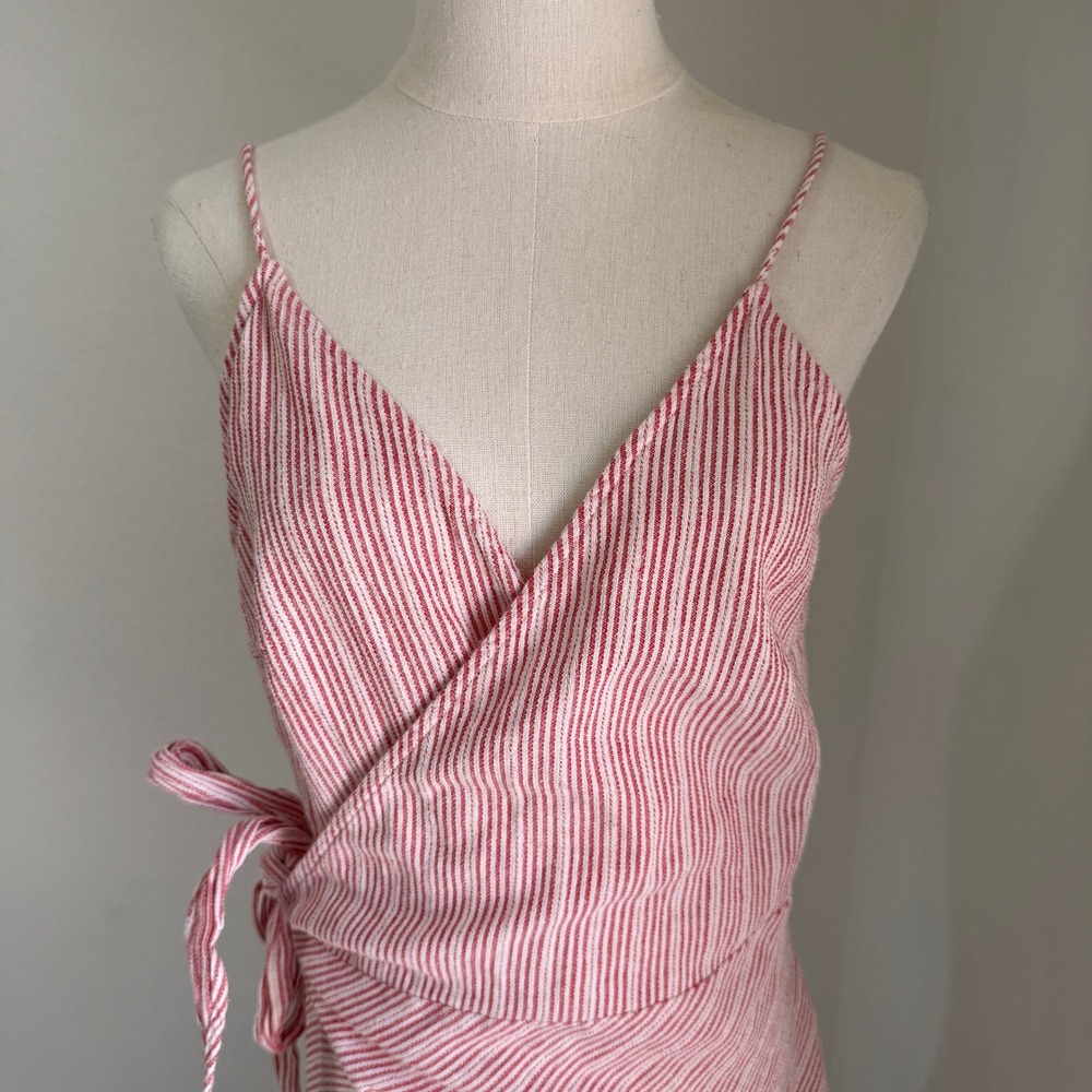 StyleStalker Red Acadia Striped Linen Blend Wrap Dress XL Coastal Brunch Preppy - Picture 2 of 8